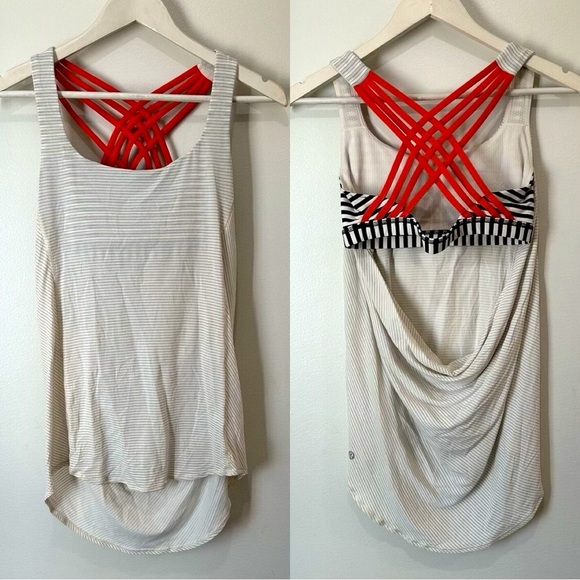 Lululemon Free To Be Wild‎ 2 In 1 Tank Bra Ivory/blk/coral Striped Size 6 - Picture 1 of 3